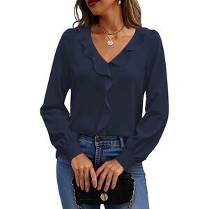 Womens Dressy Casual Blouses Long Sleeve Ruffle V Neck Business Tops